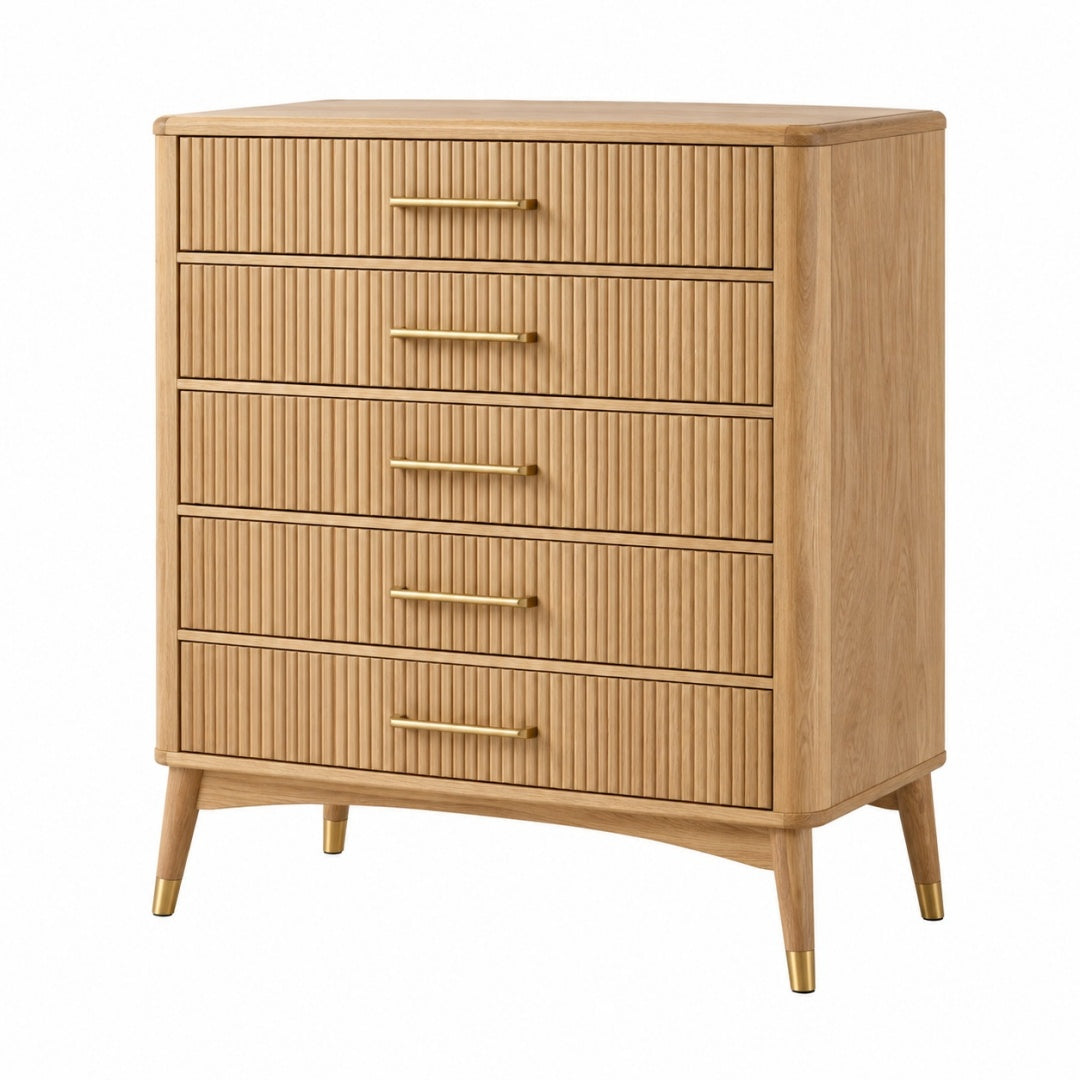 Komoda 90 x 45 x 110 cm drewniana jasny dąb z 5 szufladami w stylu retro