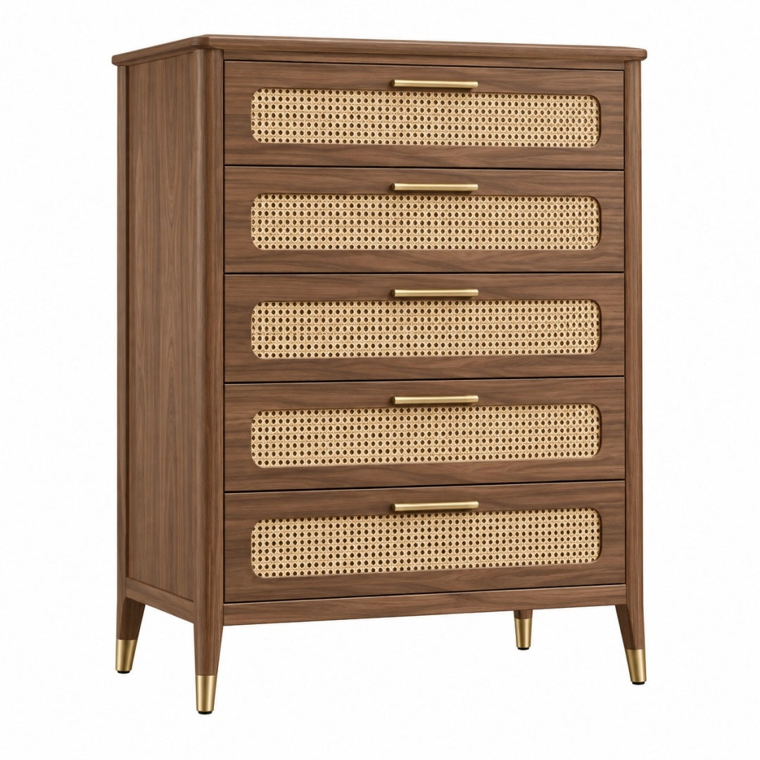 Komoda z 5 szufladami 90 x 45 x 125 cm drewniana brązowa z plecionką rattanową w stylu retro
