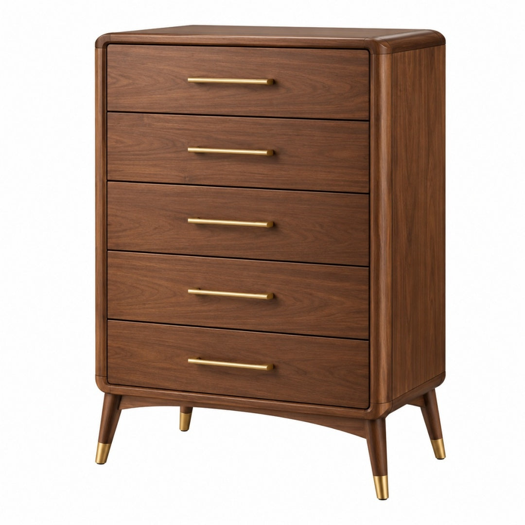 Komoda 80 x 45 x 120 cm z drewna w kolorze orzechowym - pięć szuflad w stylu retro