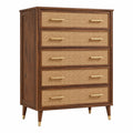 Komoda 90 x 45 x 120 cm z drewna w kolorze orzechowym z rattanowymi frontami - 5 szuflad