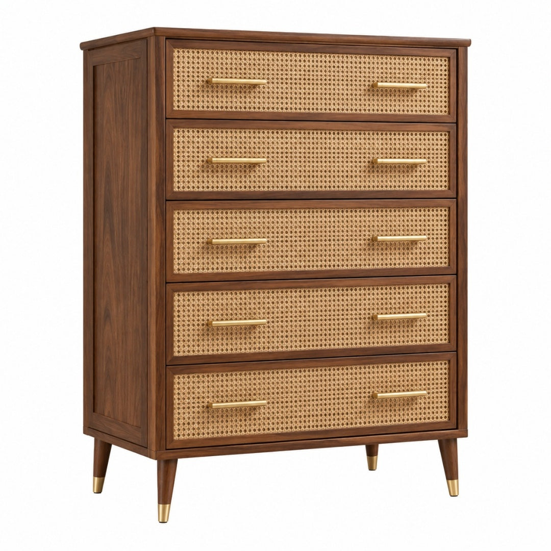 Komoda 90 x 45 x 120 cm z drewna w kolorze orzechowym z rattanowymi frontami - 5 szuflad