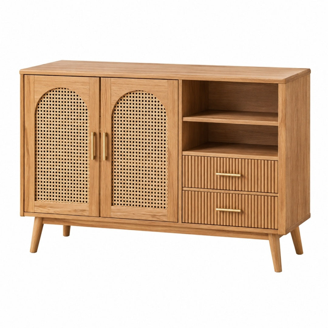 Komoda 140 x 40 x 85 cm z drewna i rattanu w naturalnym brązie - styl retro