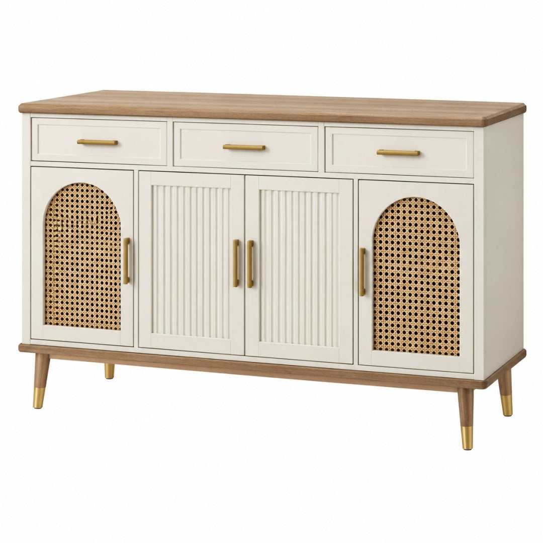 Komoda 150 x 40 x 90 cm z drewnianym blatem kremowa do przechowywania w stylu retro