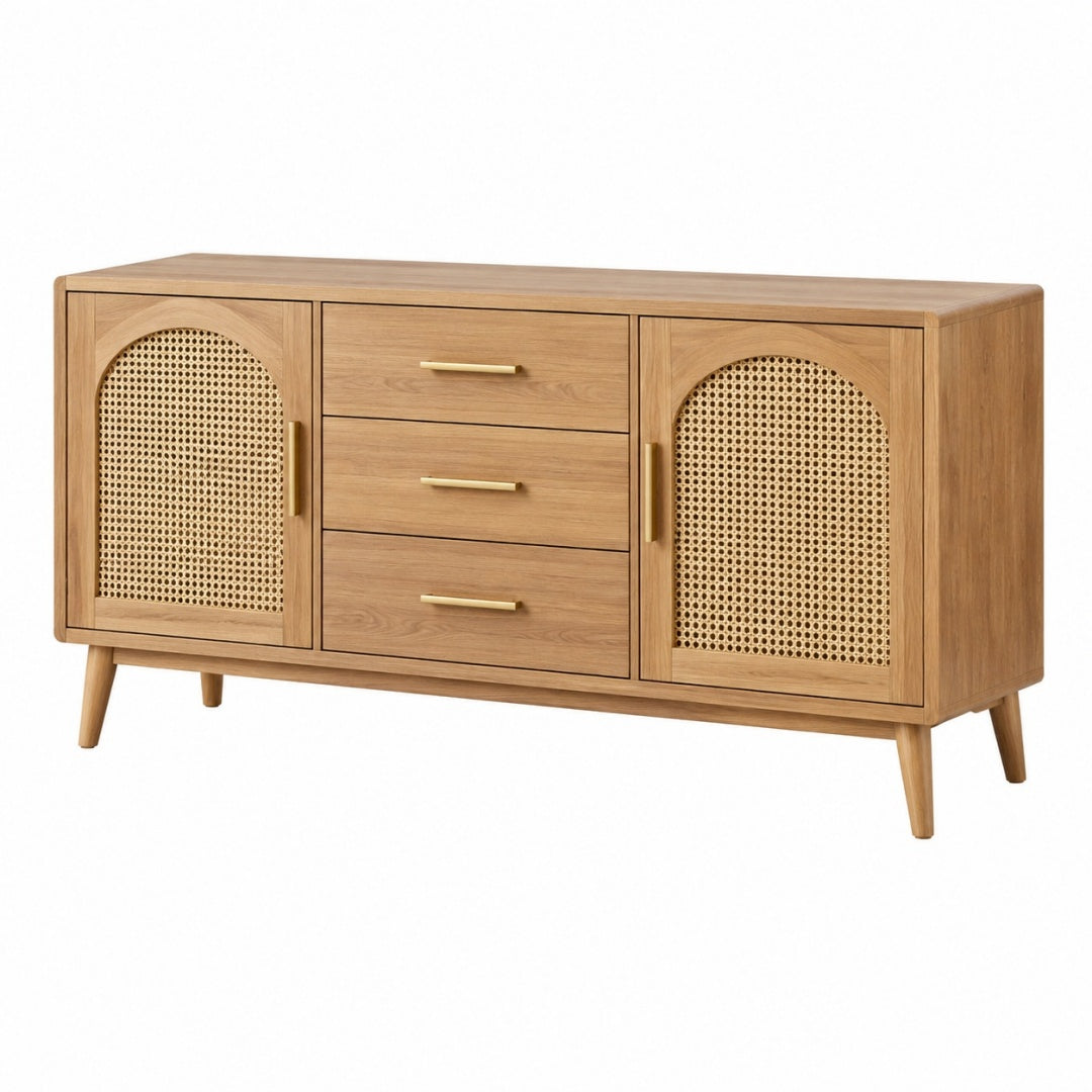 Komoda 160 x 40 x 80 cm drewniana naturalna z rattanem do przechowywania w stylu retro
