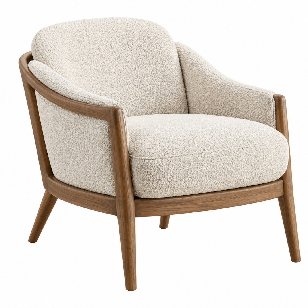 Fotel 75 x 80 x 85 cm z tkaniny boucle w kolorze kremowym z drewnianą ramą do salonu