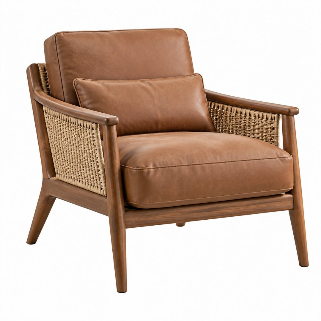 Fotel 78 x 75 x 82 cm ze skóry brązowy z drewnem i plecionką rattanową do salonu w stylu retro