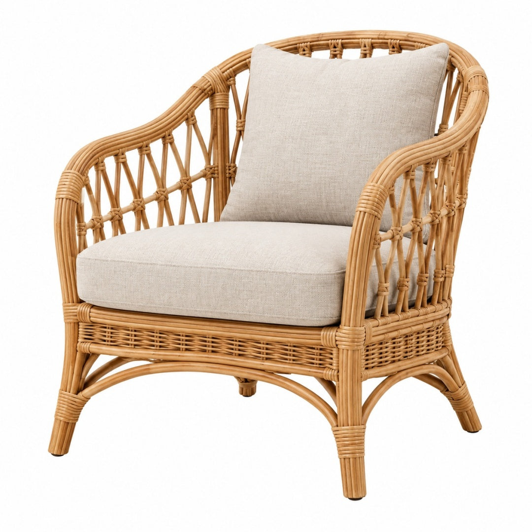 Fotel rattanowy 75 x 80 x 90 cm naturalny/beżowy z tapicerowanym siedziskiem do wnętrz