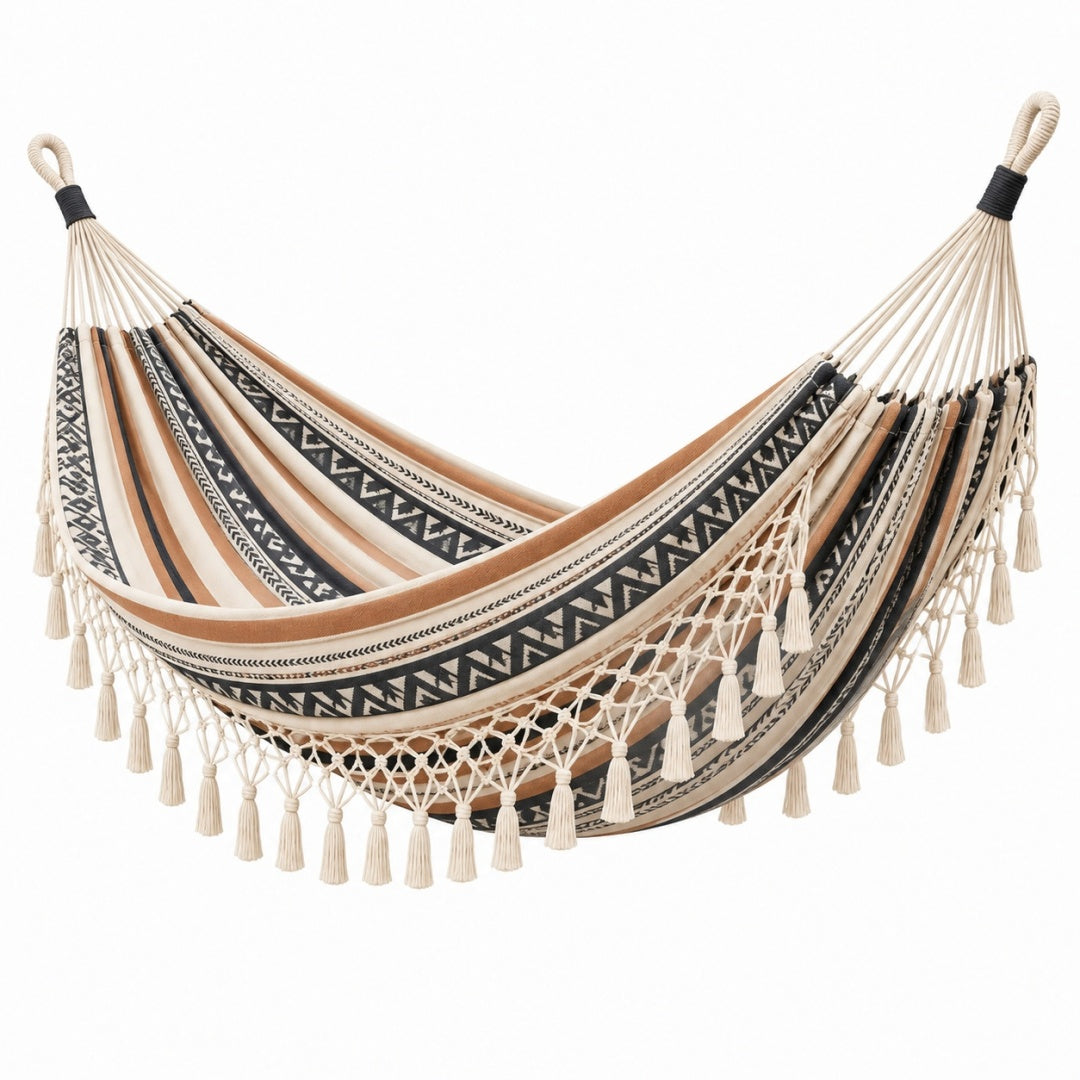Hamak 200 x 150 cm z bawełny beżowo-czarny boho z frędzlami