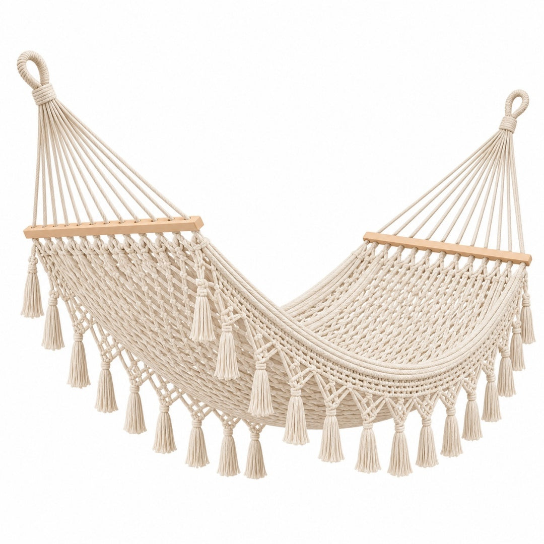 Hamak 200 x 100 x 100 cm z bawełnianego sznurka w kolorze kremowym - wiszący styl boho